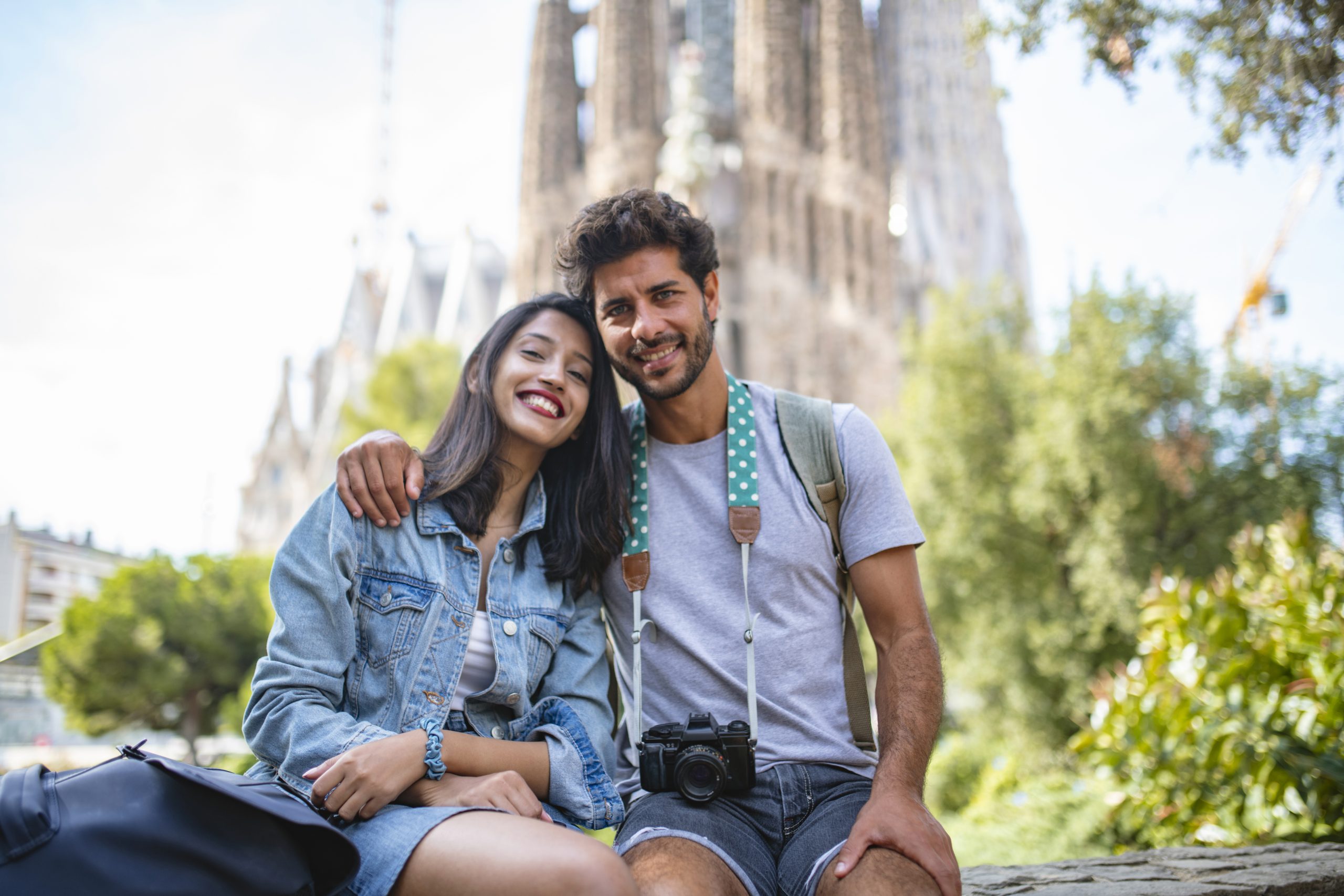 Outdoor Portrait of Young Couple Vacationing in Barcelona