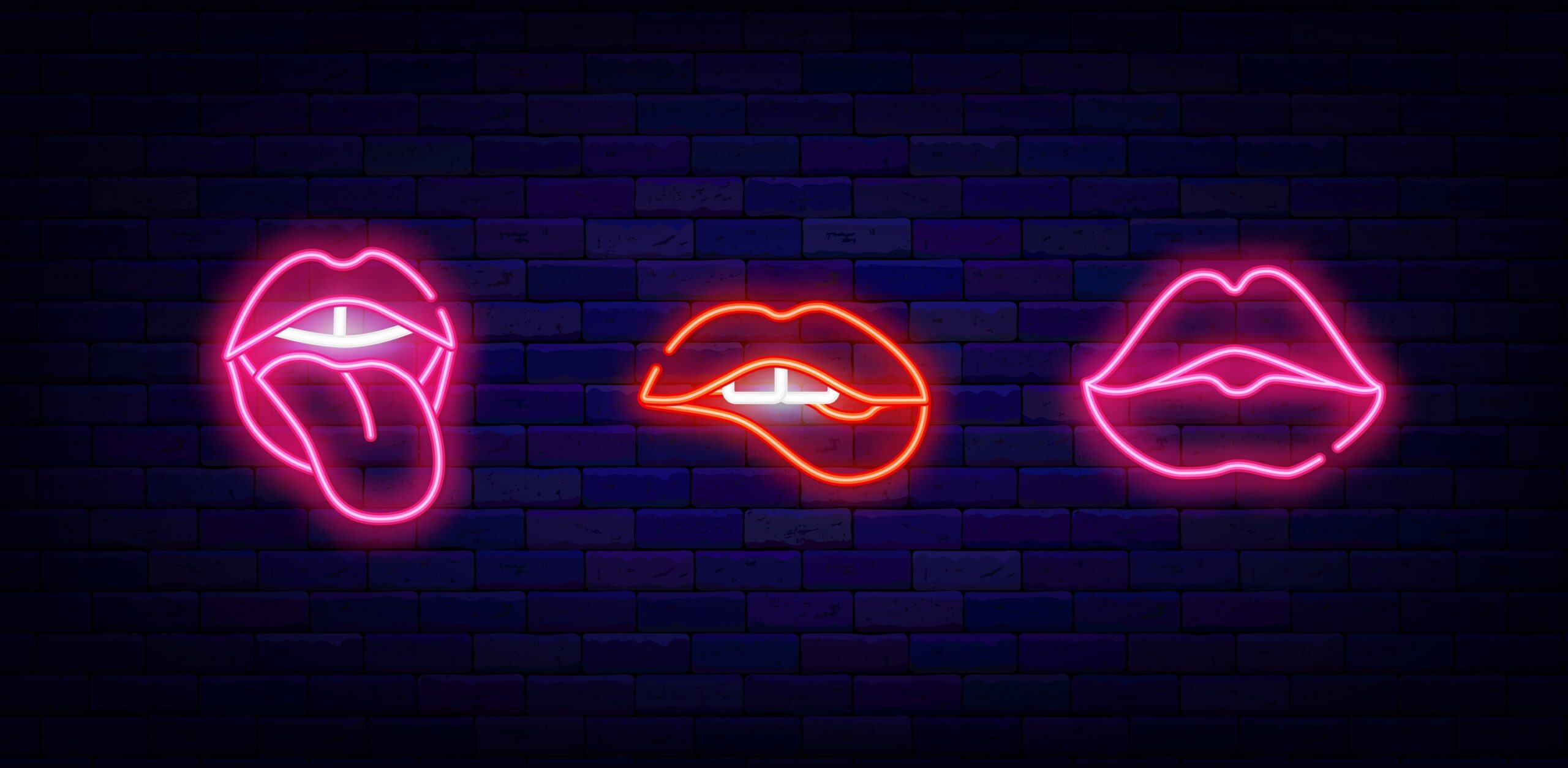 Woman,Lips,Neon,Icon,Collection.,Protruding,Tongue,And,Kiss.,Biting